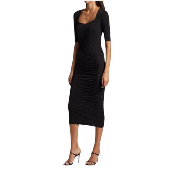 Wayf Black Stretch Satin Ruched Midi Bodycon Dress NWT - Picture 1 of 7